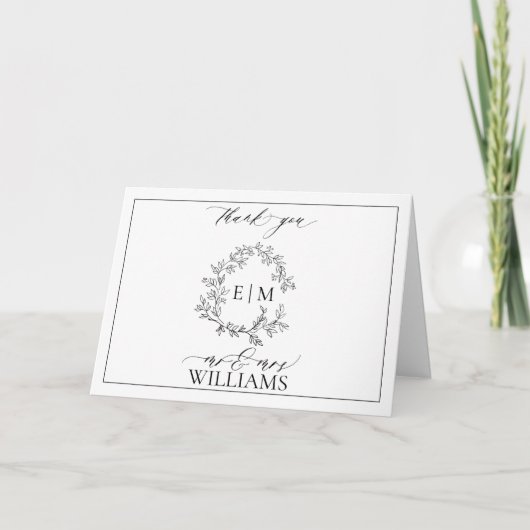 White Black Leafy Crest Monogram Hartelijk dank Kaart (Voorkant)