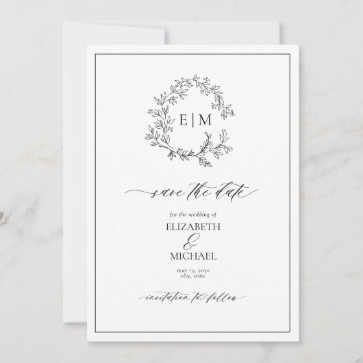 White Black Leafy Crest Monogram Save the Date Kaart (Voorkant)