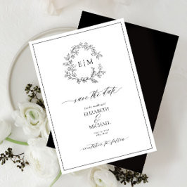 White Black Leafy Crest Monogram Save the Date Kaart