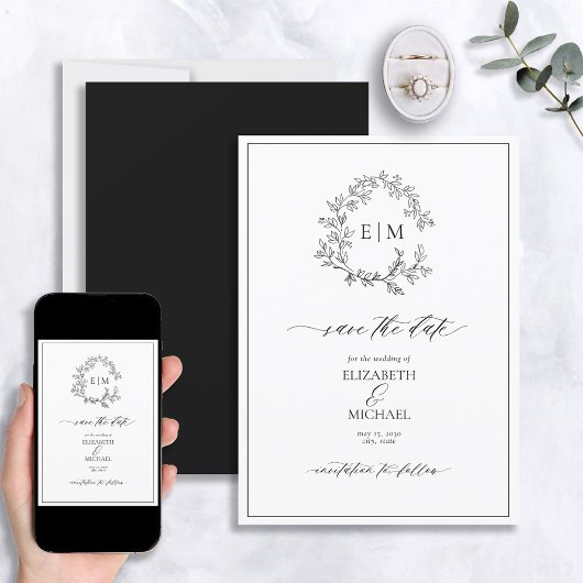 White Black Leafy Crest Monogram Save the Date Kaart
