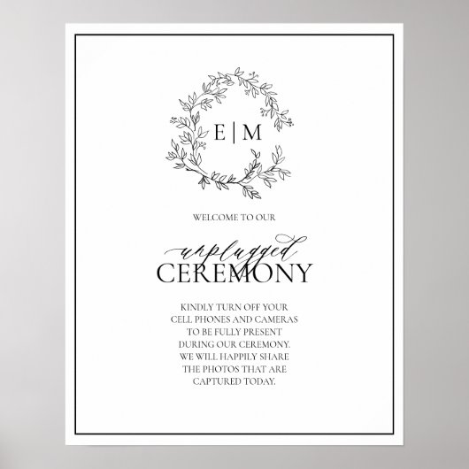 White Black Leafy Crest Monogram Unplugged Wedding Poster (Voorkant)