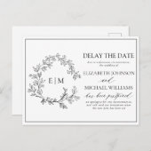 White Black Leafy Crest Monogram Vertraging Datum Uitnodiging Briefkaart (Voorkant / Achterkant)