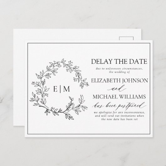 White Black Leafy Crest Monogram Vertraging Datum Uitnodiging Briefkaart (Voorkant / Achterkant)