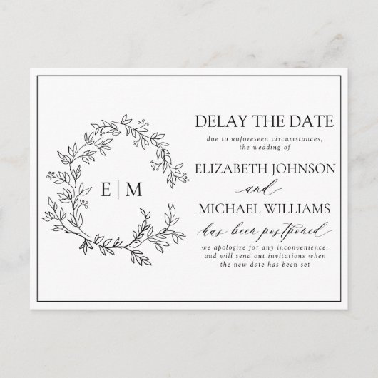 White Black Leafy Crest Monogram Vertraging Datum Uitnodiging Briefkaart (Voorkant)