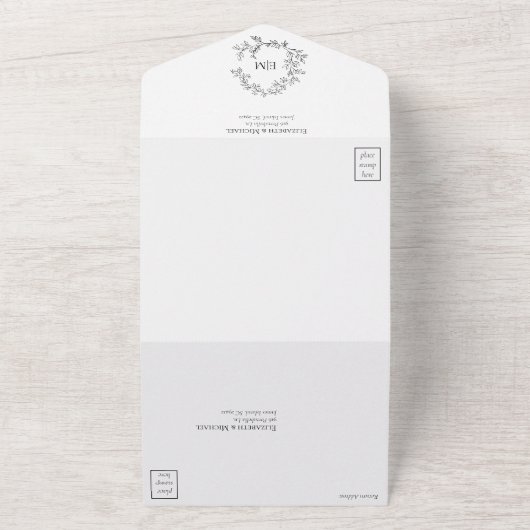 White Black Leafy Crest Monogram Weddenschap All In One Uitnodiging (Buitenkant)