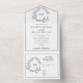 White Black Leafy Crest Monogram Weddenschap All In One Uitnodiging (Binnen)