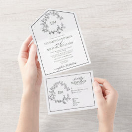 White Black Leafy Crest Monogram Weddenschap All In One Uitnodiging