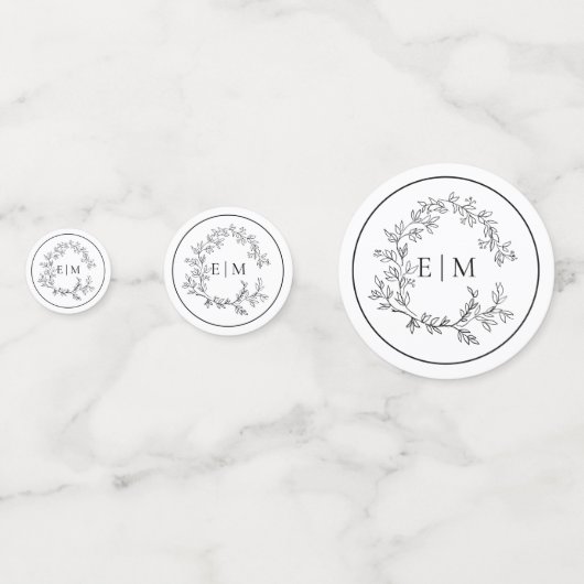 White Black Leafy Crest Monogram Weddenschap Confetti (Achterkanten)