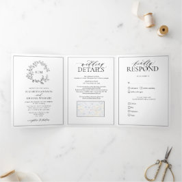 White Black Leafy Crest Monogram Weddenschap Drieluik Uitnodiging