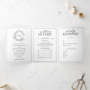 White Black Leafy Crest Monogram Weddenschap Drieluik Uitnodiging