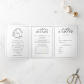 White Black Leafy Crest Monogram Weddenschap Drieluik Uitnodiging (Binnen)