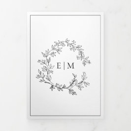 White Black Leafy Crest Monogram Weddenschap Drieluik Uitnodiging