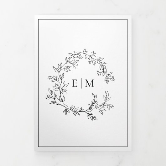 White Black Leafy Crest Monogram Weddenschap Drieluik Uitnodiging (Cover)