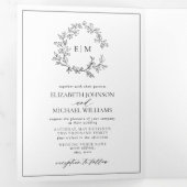 White Black Leafy Crest Monogram Weddenschap Drieluik Uitnodiging (Binnenzijde eerst)