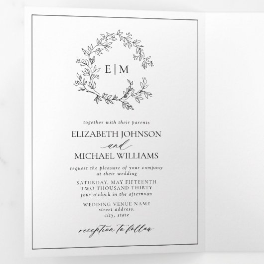 White Black Leafy Crest Monogram Weddenschap Drieluik Uitnodiging (Binnenzijde eerst)