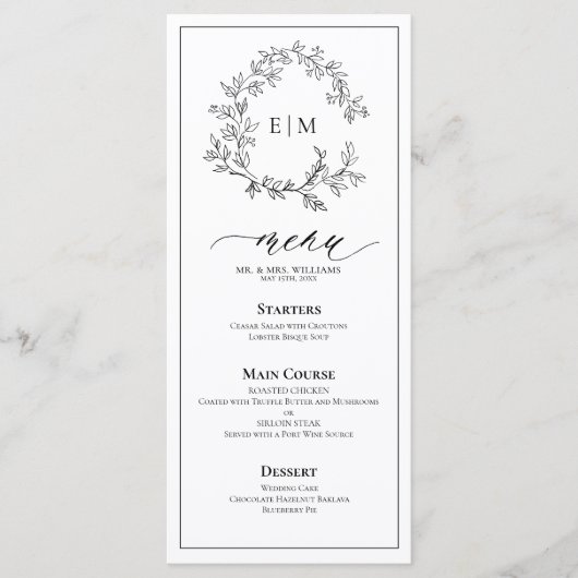 White Black Leafy Crest Monogram Weddenschap Menu (Voorkant)