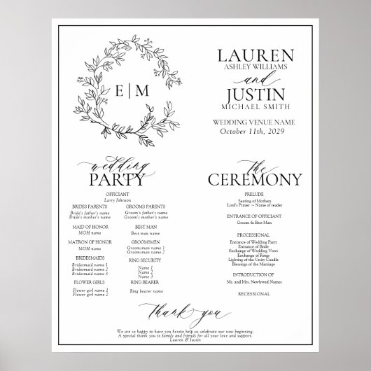 White Black Leafy Crest Monogram Weddenschap Progr Poster (Voorkant)
