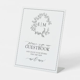 White Black Leafy Crest Monogram Weddenschap Reclamebord Met Voetstuk