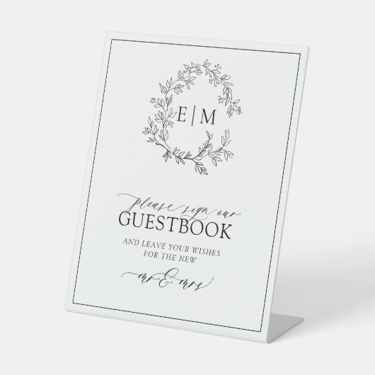 White Black Leafy Crest Monogram Weddenschap Reclamebord Met Voetstuk (Voorkant)