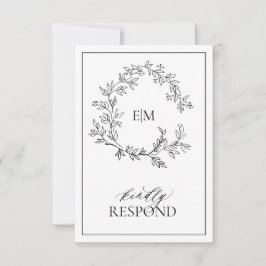 White Black Leafy Crest Monogram Weddenschap RSVP- RSVP Kaartje