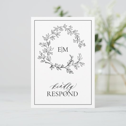 White Black Leafy Crest Monogram Weddenschap RSVP- RSVP Kaartje (Staand voorkant)
