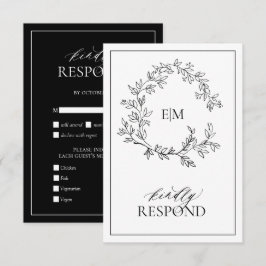 White Black Leafy Crest Monogram Weddenschap RSVP- RSVP Kaartje