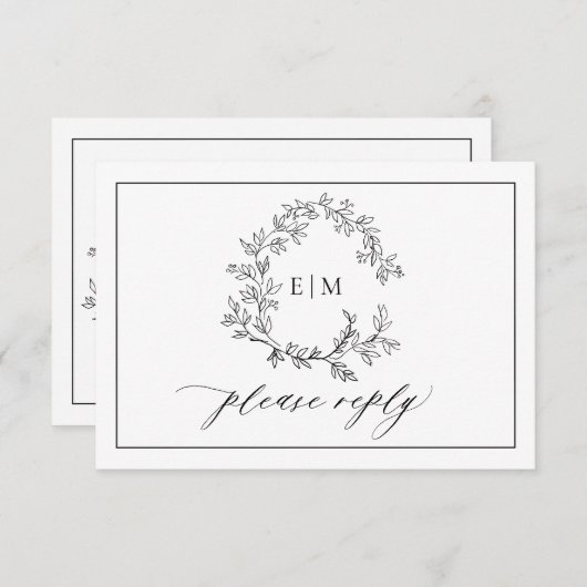 White Black Leafy Crest Monogram Weddenschap RSVP- RSVP Kaartje (Voorkant / Achterkant)