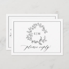 White Black Leafy Crest Monogram Weddenschap RSVP- RSVP Kaartje