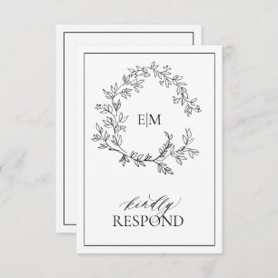 White Black Leafy Crest Monogram Weddenschap RSVP- RSVP Kaartje