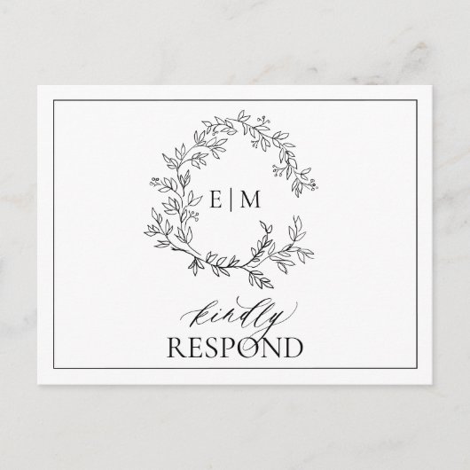 White Black Leafy Crest Monogram Weddenschap RSVP Uitnodiging Briefkaart (Voorkant)