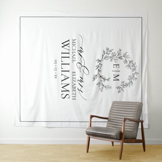 White Black Leafy Crest Monogram Weddenschap Wandkleed (In Situ (horizontaal))