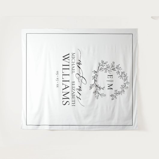 White Black Leafy Crest Monogram Weddenschap Wandkleed (Voorkant (horizontaal))