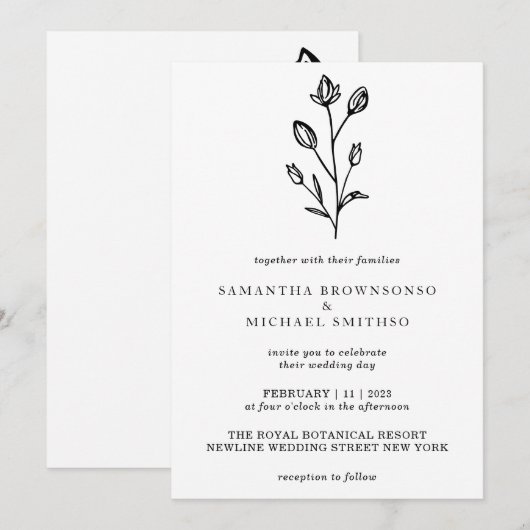 White Black Lettering Flower Bouquet Botanical Kaart (Voorkant / Achterkant)