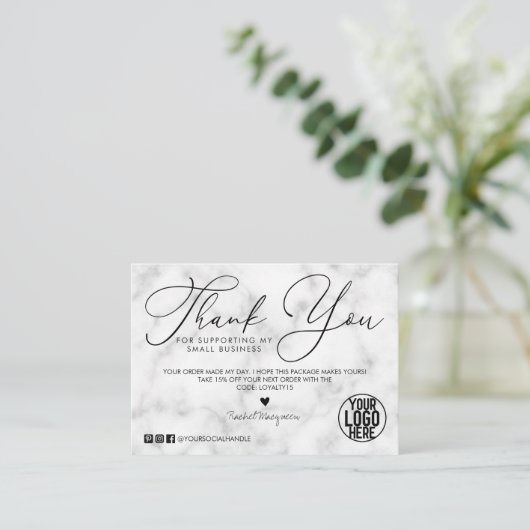 White Black Marble Script Klant Bedankt Visitekaartje (Staand voorkant)
