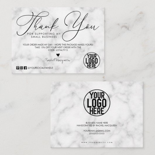 White Black Marble Script Klant Bedankt Visitekaartje (Voorkant / Achterkant)
