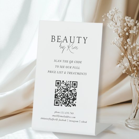 White & Black Minimal Elegant Salon QR-Code Reclamebord Met Voetstuk