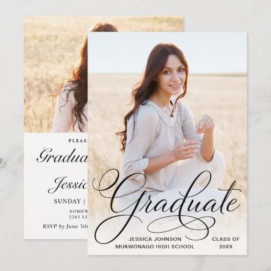 White Black Modern 2 PHOTO Graduation Party Kaart (Voorkant / Achterkant)