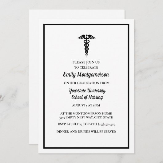 White Black Nursing School Graduparty Kaart (Voorkant / Achterkant)