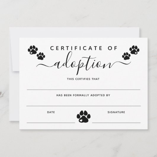 White Black Paw Prints Certificate of Adoption (Voorkant)