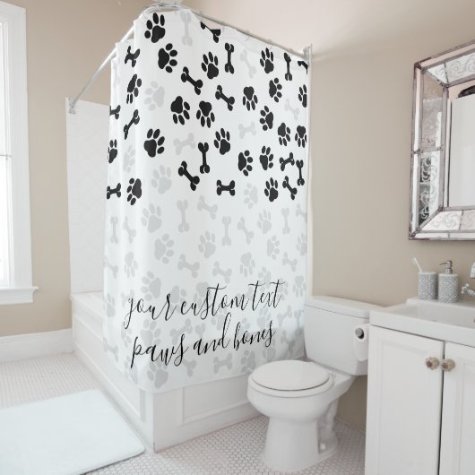 White Black Pet Dog Cat Bone Paws Douchegordijn (In situ)
