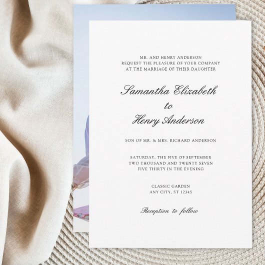 White Black Photo Wedding Invitation Kaart