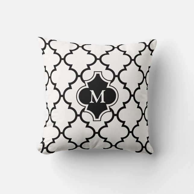 White Black Quatrefoil Pattern Monogramed Pillow Kussen (Voorkant)