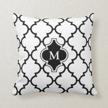 White Black Quatrefoil Pattern Monogramed Pillow