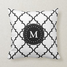 White Black Quatrefoil Pattern Monogramed Pillow