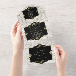 White Black Roaring Twenties Gatsby Art Deco Bruil All In One Uitnodiging