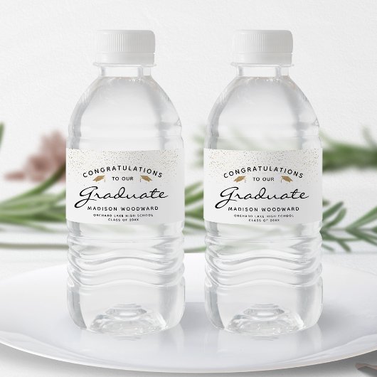 White Black Script Gold Petten Afstuderen Waterfles Etiket