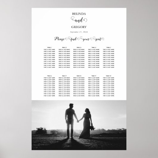 White & Black Script Photo Wedding Seining Chart Poster (Voorkant)