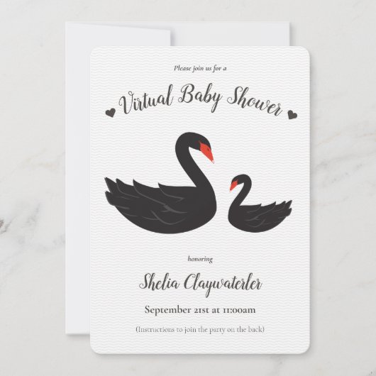 White Black Swan Bird Heart Virtual Baby shower Kaart (Voorkant)