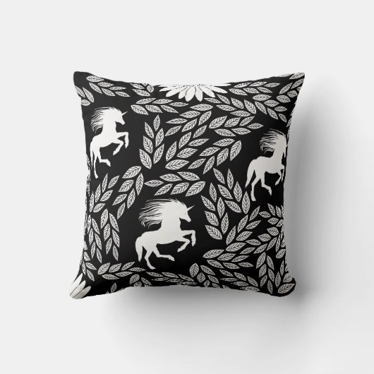 White & Black Trendy Unicorn & Floral Pattern Kussen (Achterkant)