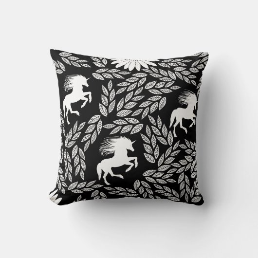 White & Black Trendy Unicorn & Floral Pattern Kussen (Voorkant)